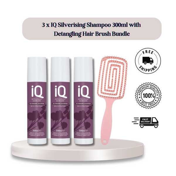 IQ Intelligent Haircare Silverising Hair Shampoo 300ml x 3 with Hair Brush