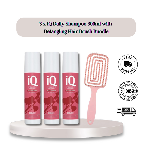 IQ Intelligent Haircare Daily Hair Shampoo 300ml x 3 with Detangling Hair Brush