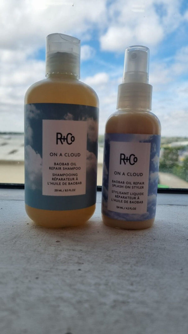 R+Co On A Cloud Baobab Oil Repair Shampoo 241ml and R+Co splash on styler 124ml