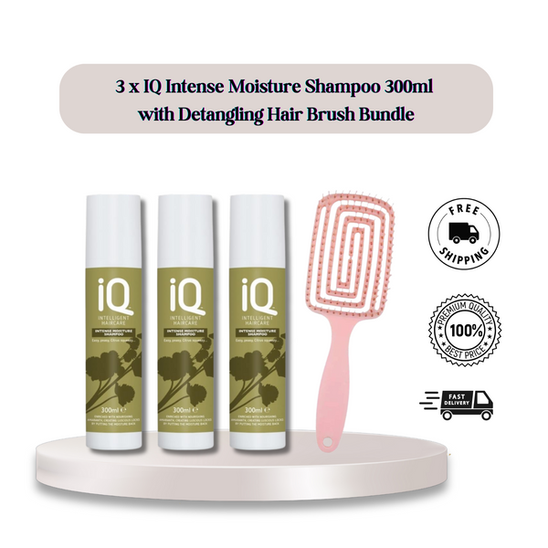 IQ Intelligent Haircare Intense Moisture Shampoo 300ml x 3 with Hair Brush