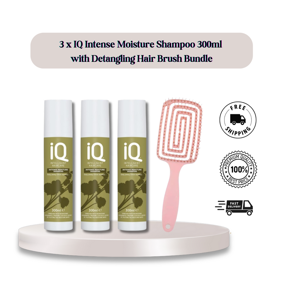 IQ Intelligent Haircare Intense Moisture Shampoo 300ml x 3 with Hair Brush