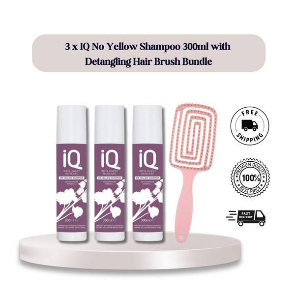 IQ Intelligent Haircare No Yellow Shampoo 300ml x 3 with Detangling Hair Brush