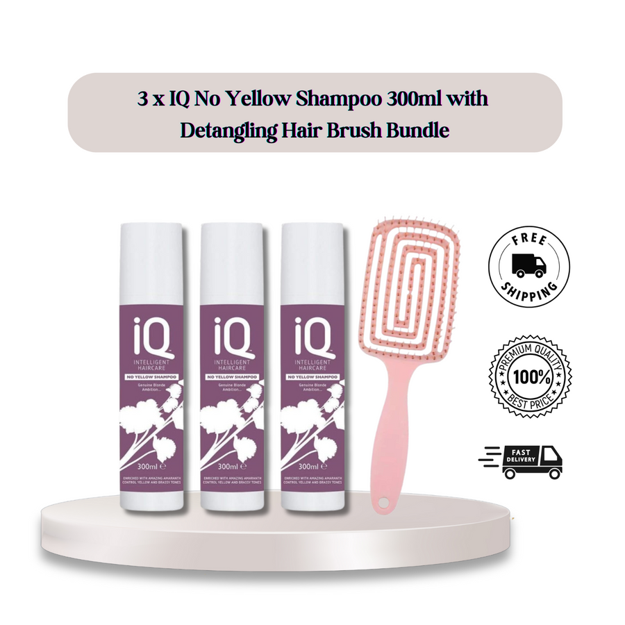 IQ Intelligent Haircare No Yellow Shampoo 300ml x 3 with Detangling Hair Brush