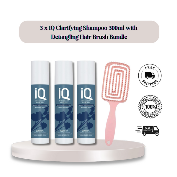 IQ Intelligent Haircare Clarifying Shampoo 300ml x 3 with Detangling Hair Brush