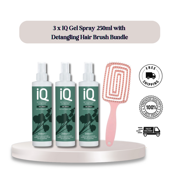 IQ Intelligent Hair Gel Spray 250ml x 3 with Detangling Hair Brush Bundle