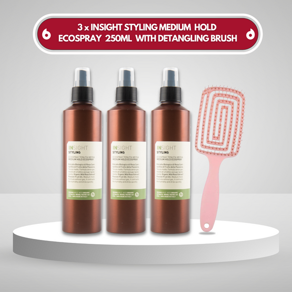 3 x INSIGHT Styling Medium Hold Ecospray 250ml with Detangling Hair Brush Bundle